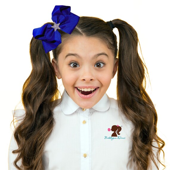 Girls Royal Blue Hair Bow Gold Glitter Silver Star Cheer Bows Etsy