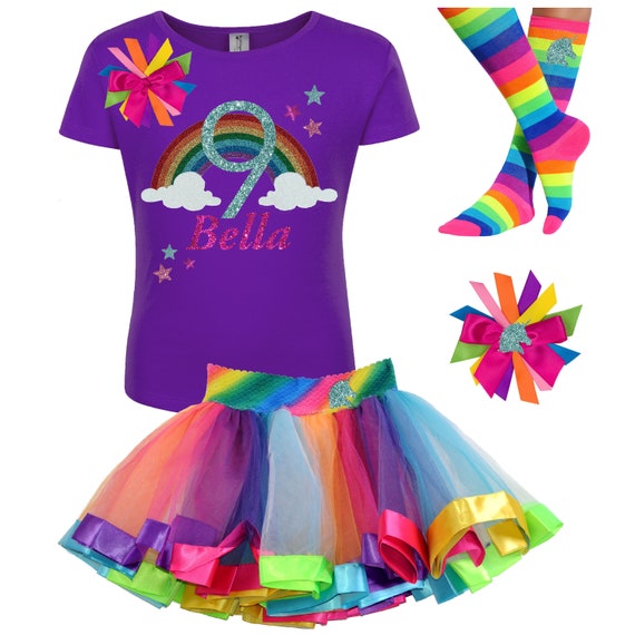 9th Birthday Girl Over The Rainbow Clouds Shirt Unicorn Stars Outfit Tutu Skirt Unicorn Knee High Socks Unicorn Hair Bow Personalized Name 9 Il_570xn