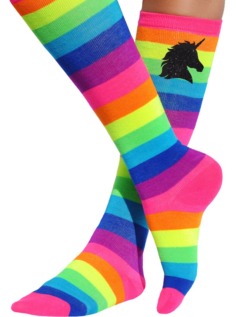 Black Unicorn Rainbow Knee High Socks Unicorn Costume Socks Etsy