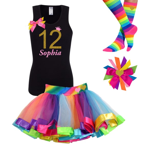 12th Birthday Girl Shirt Black Gold Rainbow Stripes Knee High Socks Neon Twelve T-Shirt Name Age 12 Tween Girls Party Outfit Il_570xn