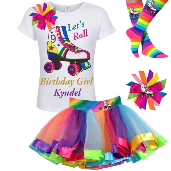 Roller Skate Party 9th Birthday Shirt Girls Rainbow Tutu Roller Derby Boot Socks Glow Skating Tshirt Personalized Gift | Lucky Star Il_570xn