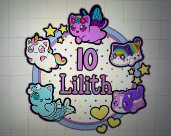 May include: A circular sticker design featuring the text 10 Lilith in purple letters. The design includes five cartoon cats: a unicorn cat, a fairy cat, a rainbow cat, a mermaid cat, and a macaron cat, surrounded by yellow stars and hearts.