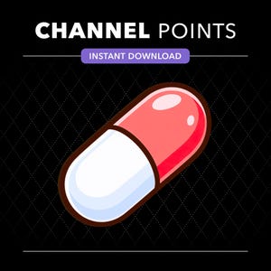 Puede incluir: Un gráfico digital que presenta el texto CHANNEL POINTS e INSTANT DOWNLOAD sobre una ilustración estilizada de una cápsula roja y blanca. El fondo es negro con un sutil patrón de diamantes, presentando un diseño limpio y audaz.