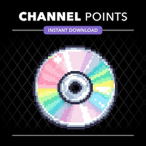 Peut inclure: Une icône de disque compact en pixel art avec une surface irisée arc-en-ciel et des reflets blancs. Le texte CHANNEL POINTS et INSTANT DOWNLOAD apparaît dans des encadrés blanc et violet sur un fond noir à motif de losanges.