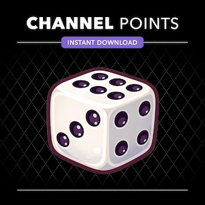Puede incluir: Un dado de seis caras blanco con puntos de color morado oscuro, que presenta el texto CHANNEL POINTS e INSTANT DOWNLOAD en blanco y morado sobre un fondo negro con un sutil patrón de diamantes. El dado tiene un estilo gráfico limpio.