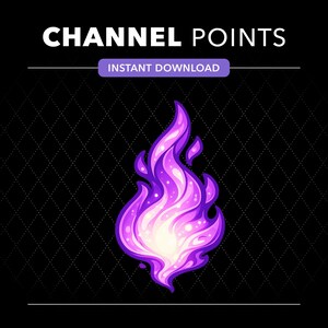 Könnte beinhalten: Eine digitale Grafik mit dem Text CHANNEL POINTS und INSTANT DOWNLOAD über einem stilisierten violetten Flammensymbol. Die Flamme hat ein hellweißes Zentrum mit hellvioletten Highlights und kleinen weißen Punkten auf schwarzem Grund.