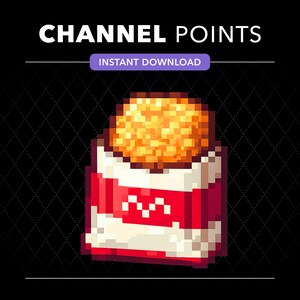 May include: A pixel art graphic of a red and white carton filled with golden yellow popcorn. The text CHANNEL POINTS is displayed at the top, with the words INSTANT DOWNLOAD in a purple box below it, all set against a black background.