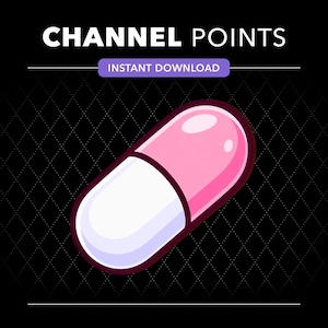 Puede incluir: Un gráfico digital que presenta un icono de cápsula rosa y blanca centrado sobre un fondo negro con un patrón de diamantes. El texto CHANNEL POINTS aparece en la parte superior en blanco, seguido de una insignia rectangular morada con INSTANT DOWNLOAD.