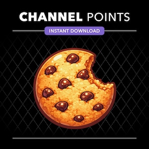 Puede incluir: Un gráfico digital que muestra una galleta de chispas de chocolate de color marrón dorado con un mordisco. El texto CHANNEL POINTS aparece en blanco en la parte superior, con una franja morada debajo que dice INSTANT DOWNLOAD sobre un fondo de rombos negro.