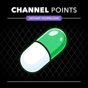 Puede incluir: Un gráfico digital que presenta el texto CHANNEL POINTS e INSTANT DOWNLOAD sobre una ilustración estilizada de una cápsula verde y blanca. El fondo es negro con un sutil patrón de diamantes y la cápsula tiene un acabado brillante.