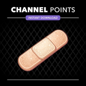 Puede incluir: Un gráfico digital de una tirita adhesiva de color beige con textura brillante, colocada en diagonal sobre un fondo negro con patrón de rombos. El texto CHANNEL POINTS e INSTANT DOWNLOAD aparece en blanco y morado en la parte superior.