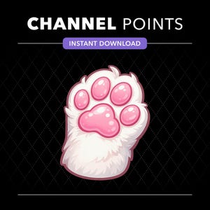 May include: A digital graphic featuring the text CHANNEL POINTS and INSTANT DOWNLOAD above a white, fluffy animal paw with shiny pink pads. The paw is centered against a black background with a subtle diamond pattern, creating a clear visual icon.