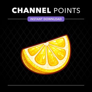 Puede incluir: Un gráfico digital con el texto CHANNEL POINTS en blanco y una etiqueta morada de INSTANT DOWNLOAD debajo. En el centro, una ilustración de un gajo de limón amarillo brillante con un borde oscuro sobre un fondo negro con patrón de rombos.