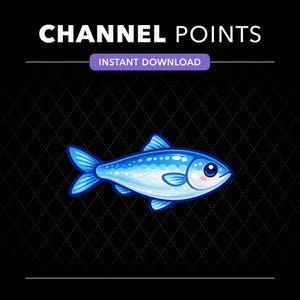 May include: A digital graphic featuring the text CHANNEL POINTS and INSTANT DOWNLOAD above a stylized blue fish illustration. The fish has a light blue body with darker blue fins, a white underbelly, and a large dark eye on a black background.