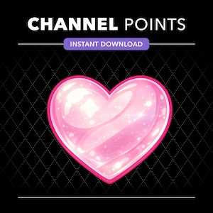 May include: A digital graphic featuring a glossy, translucent pink heart icon centered on a black background with a subtle diamond pattern. The text CHANNEL POINTS appears in white at the top, with a purple INSTANT DOWNLOAD button below it.