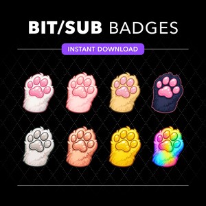 May include: A digital set of eight cat paw badges labeled BIT/SUB BADGES and INSTANT DOWNLOAD. The paw icons feature various fur colors including white, pink, gold, black, grey, peach, yellow, and a rainbow gradient, all with pink pads.