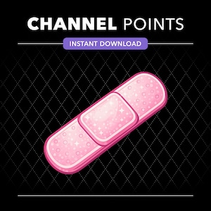 Puede incluir: Un gráfico digital con el texto CHANNEL POINTS e INSTANT DOWNLOAD sobre una tirita adhesiva rosa. La tirita tiene una textura brillante y reluciente con pequeños detalles de estrellas blancas y una almohadilla central cuadrada sobre fondo negro.