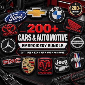 Puede incluir: Una colección de parches bordados de marcas automotrices que incluyen logotipos de Ford, Chevrolet, BMW, Honda, Toyota, Mercedes-Benz, Nissan, GMC, Porsche, Dodge, Jeep y Mustang alrededor del texto 200+ CARS & AUTOMOTIVE EMBROIDERY BUNDLE.