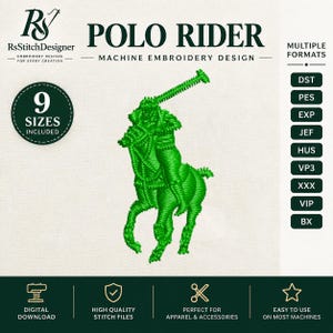 Könnte beinhalten: Eine Maschinenstickdatei mit einer grünen Poloreiter-Grafik. Der Text lautet POLO RIDER, RsStitchDesigner, 9 SIZES INCLUDED und listet die Dateiformate DST, PES, EXP, JEF, HUS, VP3, XXX, VIP und BX auf hellem Hintergrund auf.