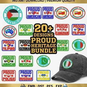 Puede incluir: Una colección digital de más de 20 diseños de bordado con banderas nacionales y el texto Proud To Be, incluyendo una gorra de béisbol gris oscuro con un parche de la bandera italiana. Los diseños muestran varios nombres de países y corazones.