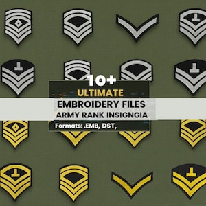 Könnte beinhalten: Eine Sammlung digitaler Stickdateien mit verschiedenen Armeerangabzeichen in silbernen und goldenen Garnfarben auf dunkelgrünem Hintergrund. Der zentrale Text lautet 10+ ULTIMATE EMBROIDERY FILES ARMY RANK INSIGNGIA Formats: .EMB, DST.