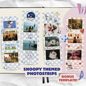 May include: A notebook featuring Snoopy-themed photostrips and a bonus template. The photostrips have a blue and white chequered pattern. Text reads "Snoopy Themed Photostrips" and "Bonus Template!"