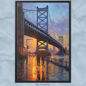 Benjamin Franklin Bridge Palette Knife Oil Painting Print, Dusk Urban Philadelphia Architecture Wall Art