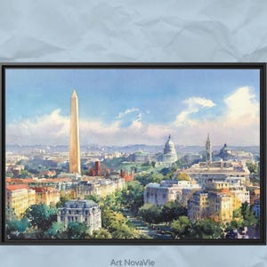 Op de afbeelding: Aquarel schilderij van Washington, D.C., met het Washington Monument, het Capitool en andere bezienswaardigheden. Het kunstwerk is zwart omlijst en toont een levendig stadslandschap onder een blauwe lucht met pluizige wolken. De naam van de kunstenaar, Art NovaVie, staat onderaan.