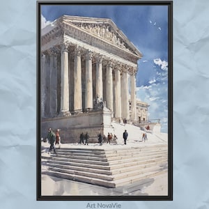 Puede incluir: Una pintura en acuarela enmarcada que representa el edificio de la Corte Suprema de los Estados Unidos con sus icónicas columnas neoclásicas y amplios escalones de piedra. Figuras pequeñas caminan cerca de la entrada bajo un cielo azul. Texto Art NovaVie.