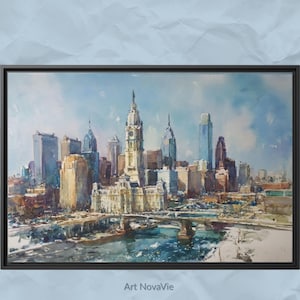 May include: A watercolor painting of the Philadelphia skyline featuring City Hall as the central focus, surrounded by various skyscrapers and a bridge over the river. The artwork is framed in a black border with the text Art NovaVie at the bottom.