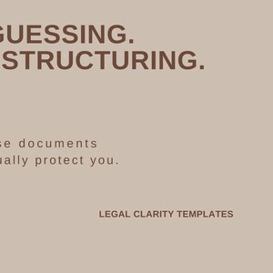 May include: A beige background with brown text that reads "STOP GUESSING. START STRUCTURING." Below, it says "Choose documents that actually protect you." The text "LEGAL CLARITY TEMPLATES" is at the bottom.