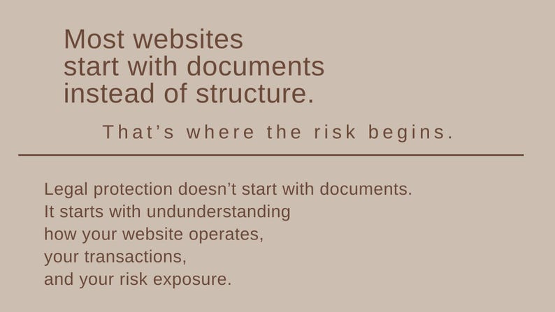May include: A beige graphic with text about website structure and legal protection. The text reads: "Most websites start with documents instead of structure. That's where the risk begins. Legal protection doesn't start with documents."
