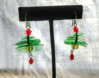 Holiday Upcycled ear rings. Christmas tree ear rings. Hypoallergenic ear rings. Green red and gold ear rings perfect for the holiday season.