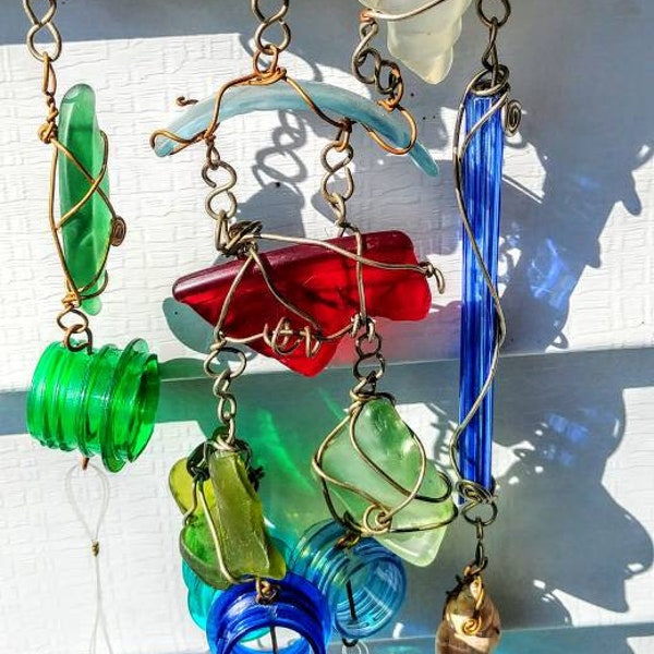 Wind chime, hand made in USA, one of a kind, upcycled repurposed, colorful, chimes, found object treasures, mixed media 2ft x 5 in