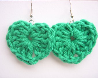 Green heart crochet dangle earrings