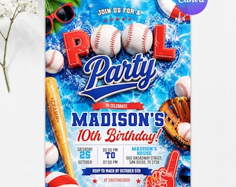Baseball Pool Birthday Invitation, Sports Party Invite, Summer Birthday Party, Kids Invitation, Editable Canva Template