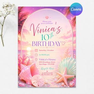 May include: A birthday invitation card featuring a sunset beach scene with pink and teal seashells, a starfish, and palm trees. The text reads: Please join us to celebrate Vinica's 10th BIRTHDAY, Saturday, October, At 06:00 pm, Vinica's House, 000 Broadway Street, San Diego, TX 2738, Rsvp to Mack, At 237854529, By October 5th.