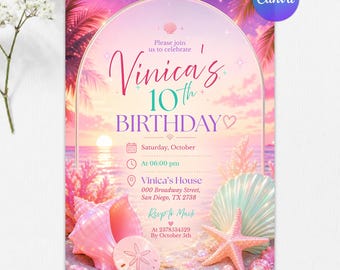Coastal Birthday Invitation, Teen Girl Beach Party Invite, Tropical Summer Birthday, Pastel Ocean Theme, Editable Canva Template