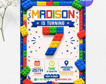 Building Blocks 7th Birthday Invitation, Bricks Party Invite, Colorful Block Birthday Party, Kids Building Theme, Editable Canva Template
