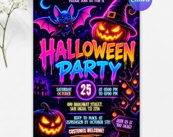 Neon Halloween Party Invitation, Spooktacular Costume Party Invite, Spooky Invitation, Editable Canva Template