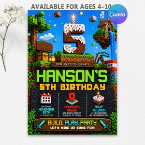 May include: A digital birthday invitation featuring a blocky, pixelated landscape with a large number 5 cake, a floating island, and text reading: HANSON'S 5TH BIRTHDAY, JOIN US TO CELEBRATE, SATURDAY NOVEMBER 22TH AT 06:00 PM, HANSON'S HOUSE, RSVP TO JACK.