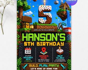 5th Pixel Block Birthday Invitation, Video Game Party Invite, Gaming Theme, Gamer Invitation, Ages 4-10, Editable Canva Template