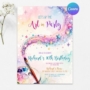 Art Party Birthday Invitation, Paint Party Invite, Watercolor Arts and Crafts Birthday, Painting Celebration, Editable Canva Template
