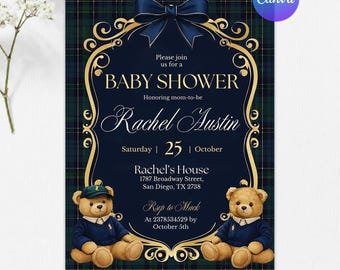 Polo Teddy Bear Baby Shower Invitation, Luxury Teddy Bear Shower Invite, Tartan Equestrian, Gender Neutral Classic Plaid, Editable Canva