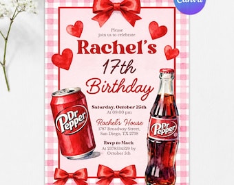 Dr Pepper Birthday Invitation, Soda Theme Birthday Party Invite, Pink Gingham Red Bow Invite, Fun Soda Pop, Instant Download