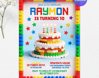 Building Blocks Birthday Invitation, Colorful Bricks Party Invite, Boy Block Celebration, Editable Canva Template