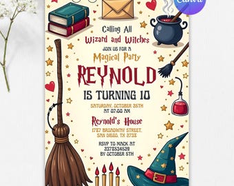 Wizards Witches Birthday Invitation, Magical Party Invite, Magic School Birthday Party, Editable Canva Template