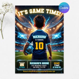 Soccer Birthday Invitation, Football Party Invite, Boys Sports Birthday, Neon Soccer Stadium, Kid Invitation, Editable Canva Template