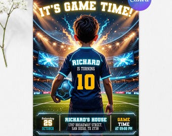 Soccer Birthday Invitation, Football Party Invite, Boys Sports Birthday, Neon Soccer Stadium, Kid Invitation, Editable Canva Template