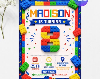Building Blocks 8th Birthday Invitation, Bricks Party Invite, Colorful Block Birthday Party, Kids Building Theme, Editable Canva Template